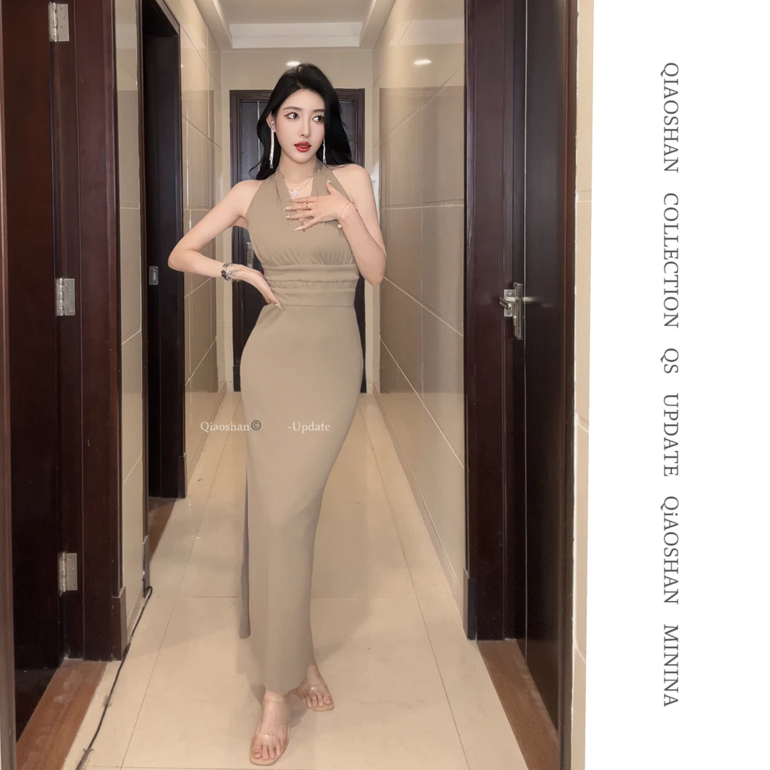 春夏挂脖V领无袖针织连衣裙显瘦气质性感夏季开叉连衣裙069