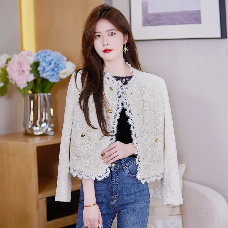 法式蕾丝小香风短外套女秋2023爆款百搭小个子上衣