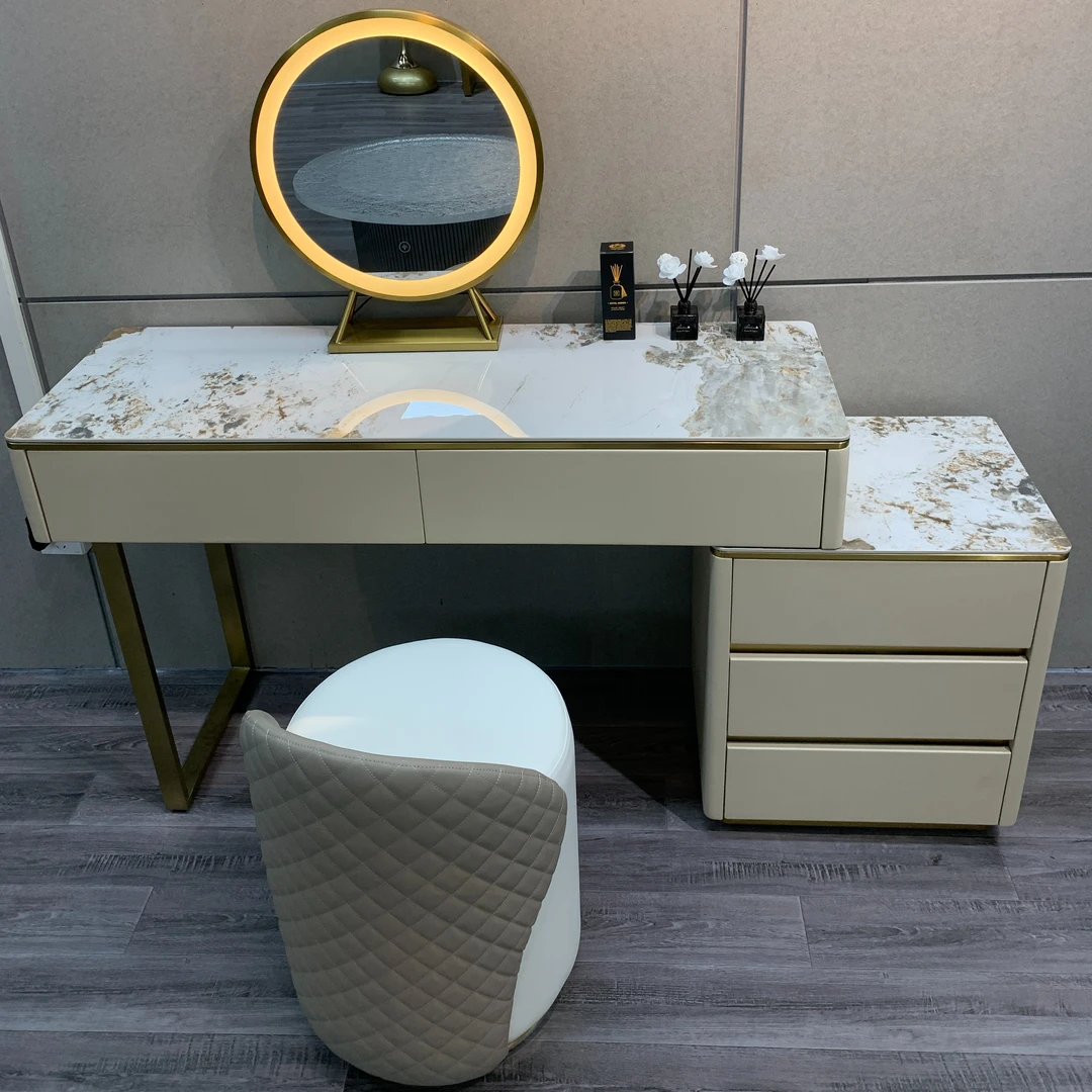 轻奢岩板梳妆台现代简约卧室小户型实木收纳柜带灯一体伸缩化妆桌