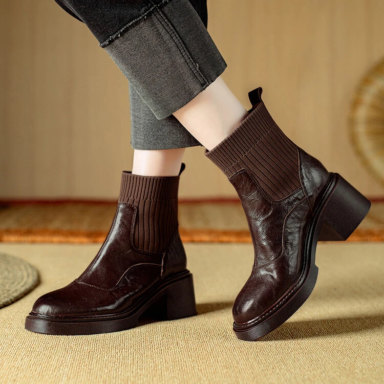 秋冬季靴子针织毛线筒马丁靴英伦风粗跟短靴女弹力瘦瘦靴高跟