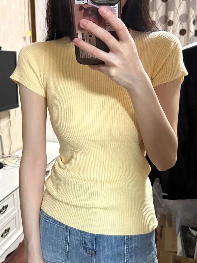 1201-1210衣路时尚女装圆领半袖百搭紧身针织设计感显瘦纯色