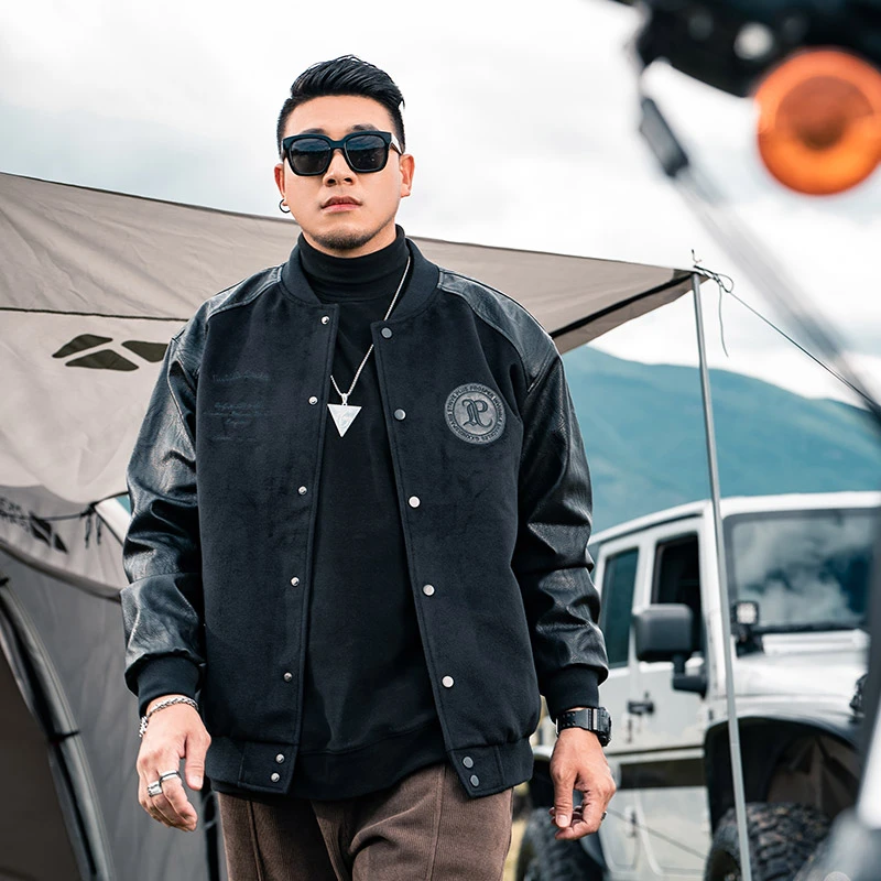 GXXH【美式拼接棒球服】潮牌男装男生加大宽松呢料春秋夹克外套