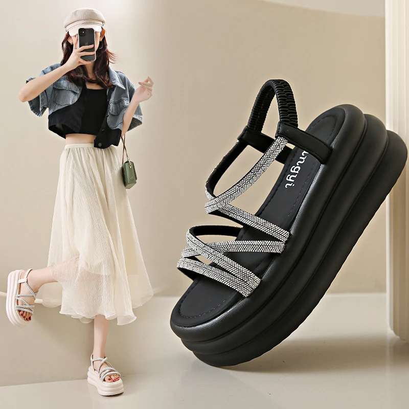 仙女风配裙子凉鞋女款夏季2025新款女鞋百搭厚底水钻高跟罗马鞋子