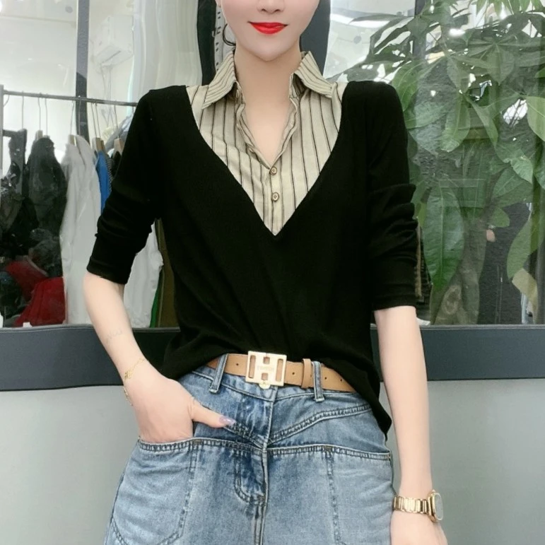 【众帆女装】  早秋款洋气时尚百搭翻领显瘦假两件气质长袖打底上衣