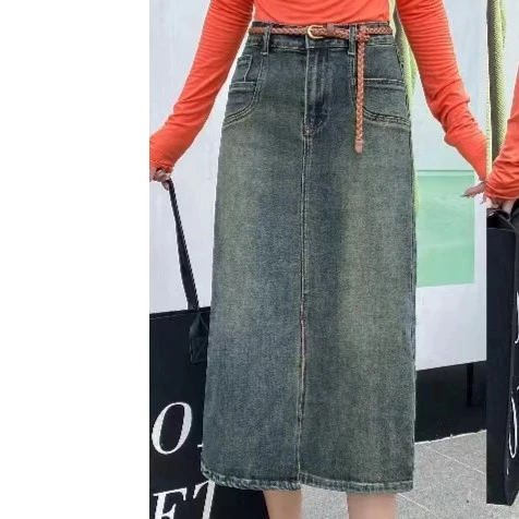 【众帆女装】2023秋季新款弹力水泥灰牛仔半身裙复古高腰显瘦女裙