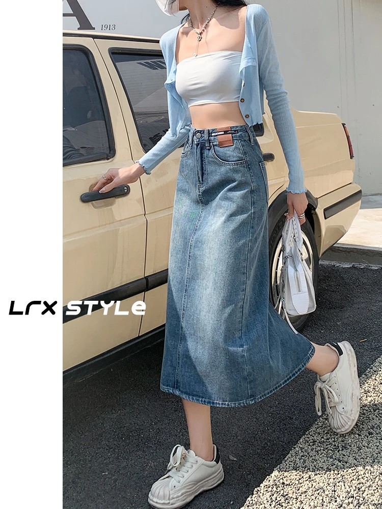 前开叉设计感牛仔半身裙女高腰遮胯a字包臀裙中长款