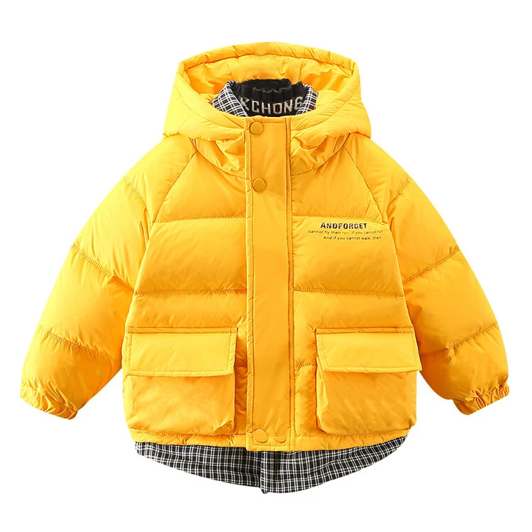 男童羽绒服2023新款男孩韩版假两件白鸭绒童装外套时尚连帽面包服