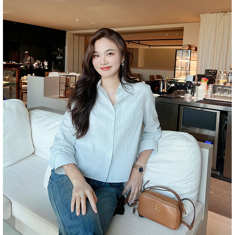 【琳媚】新款薄荷曼绿条纹纯棉翻领衬衫女