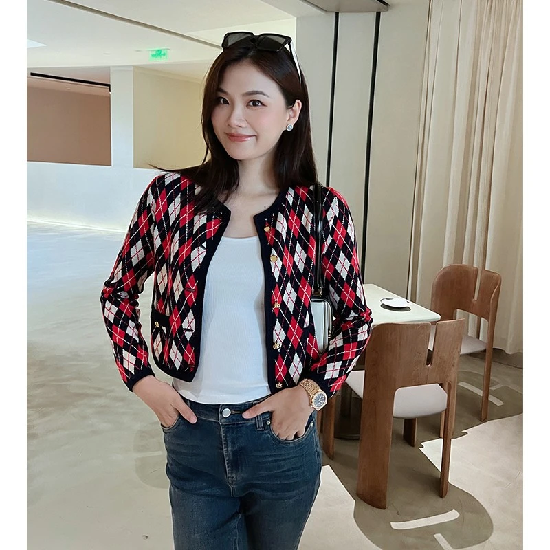 【琳媚】“开衫”复古圆领菱纹针织棉开衫百搭女