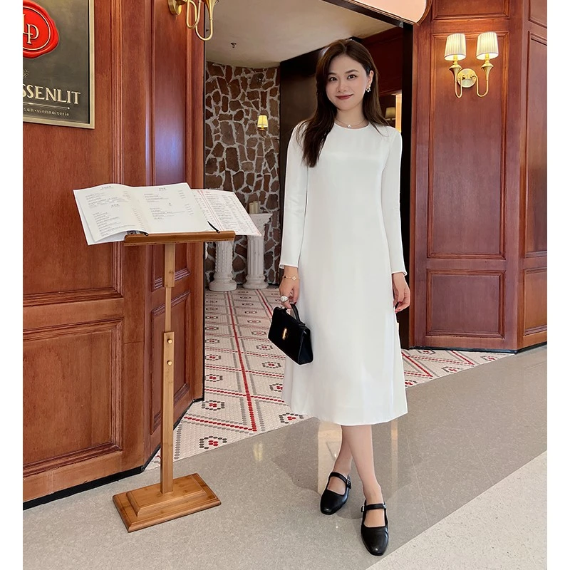 【琳媚】优雅大方气质重磅真丝纯色圆领长袖连衣裙女