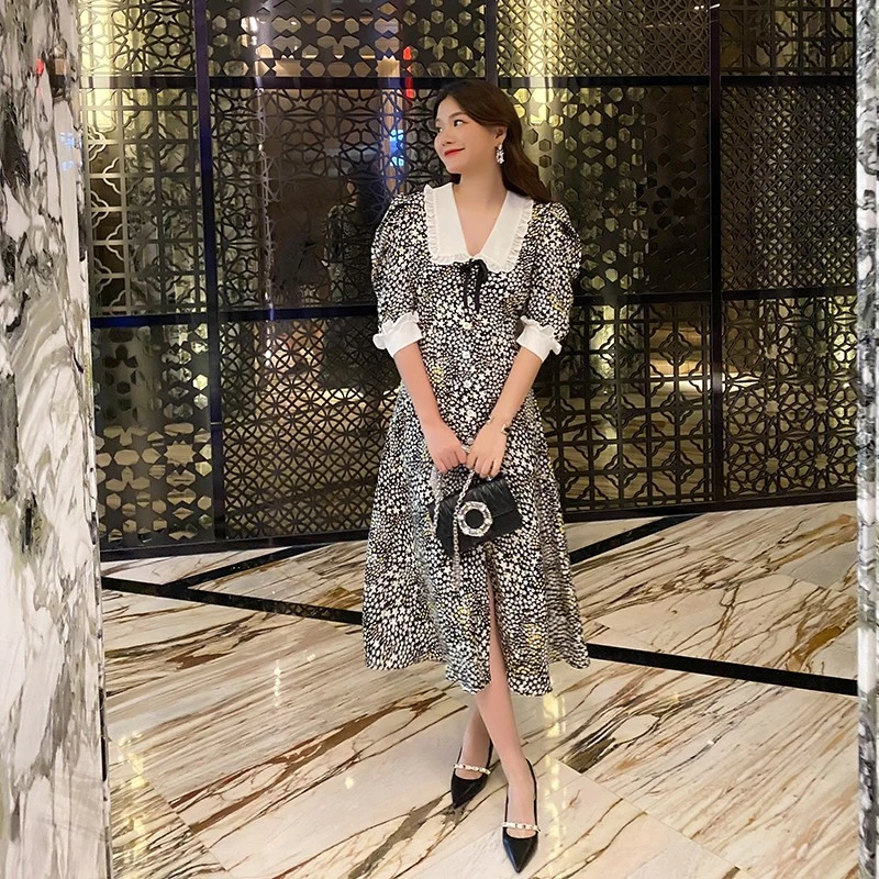 16姆米真丝提花 柔美别致显瘦高腰飘逸大摆开叉连衣裙碎花