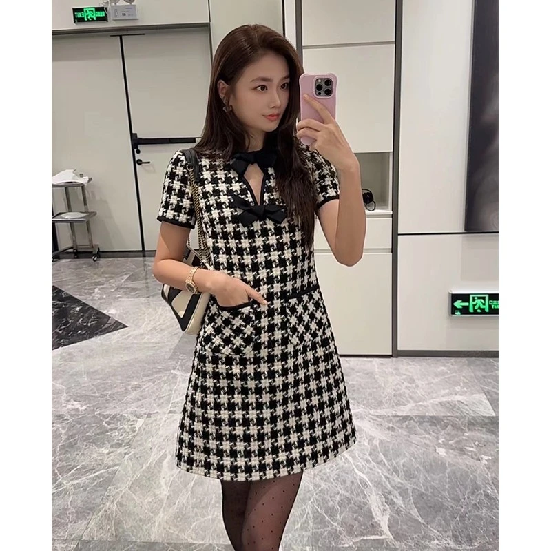 【琳媚】气质经典格子蝴蝶结点缀设计显瘦连衣裙女