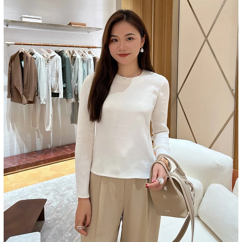 琳媚新款纯色优雅气质显瘦时尚百搭桑蚕丝圆领长袖上衣女