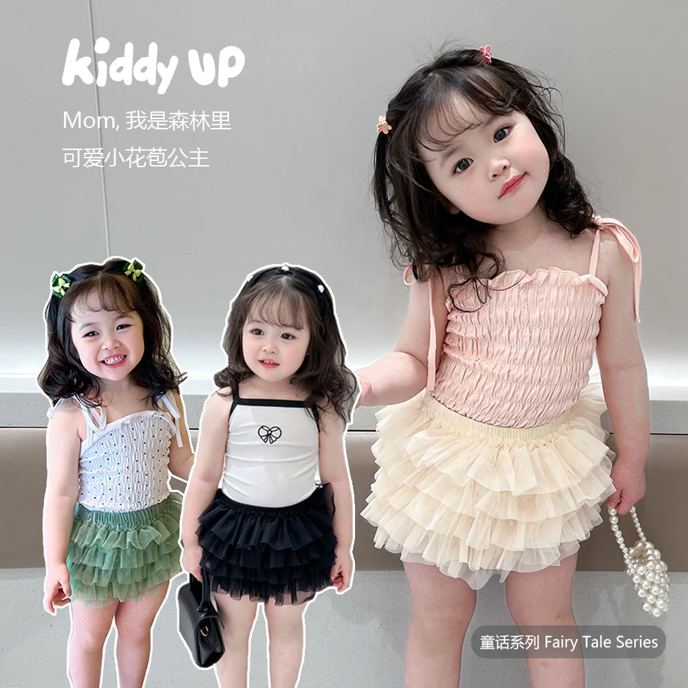 KIDDY UP夏季女童tutu裤蝴蝶小吊带上衣+花苞裤蓬蓬裤套装欧若风