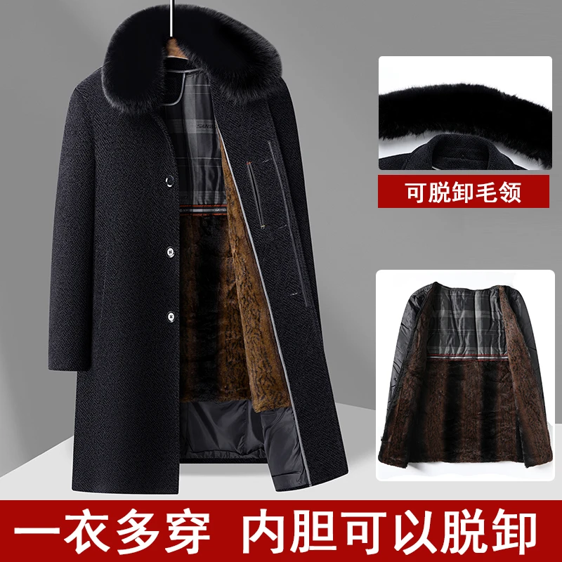新款男士中老年中长款过膝风衣加厚爸爸加绒老年人外套毛呢大衣男