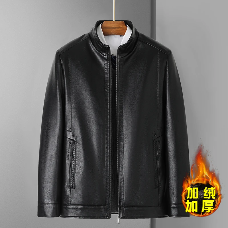冬季中年男士皮衣加绒加厚皮夹克爸爸冬装外套男立领保暖棉衣皮袄
