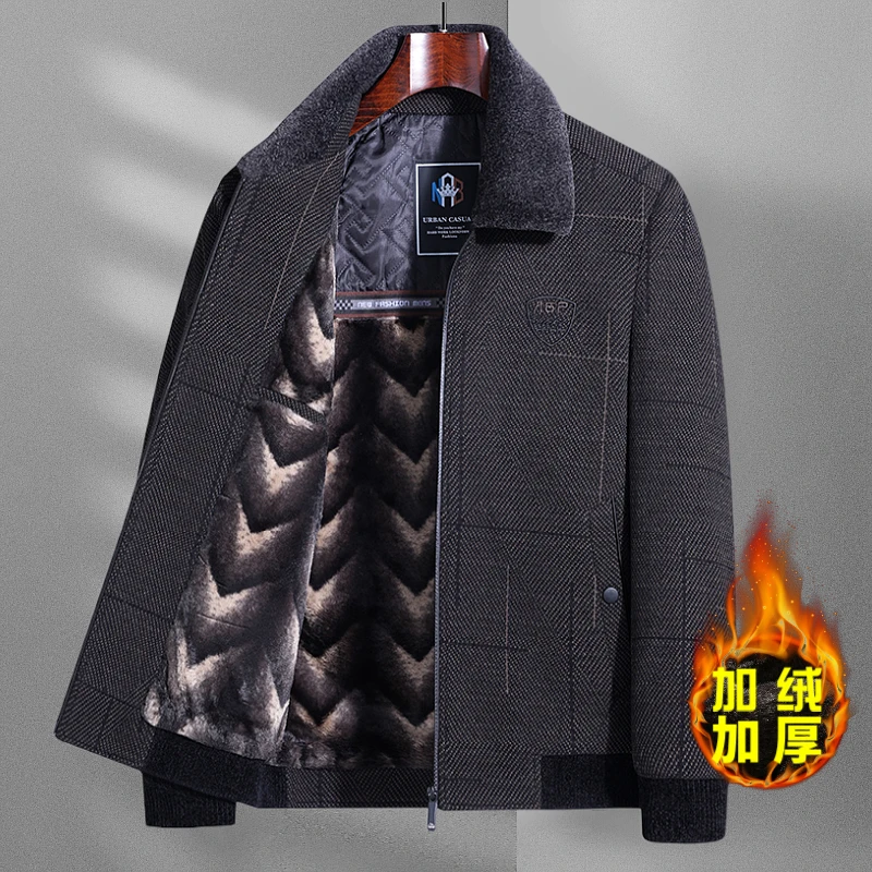 秋冬季外套男加绒加厚翻领雪尼尔呢子大衣男中老年爸爸装毛呢夹克