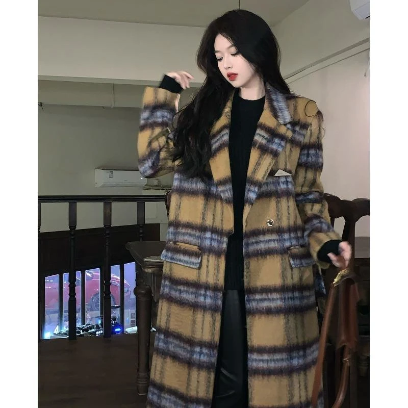 大码复古高级感格子名媛大衣冬季中长款韩系毛呢外套新款女装气质