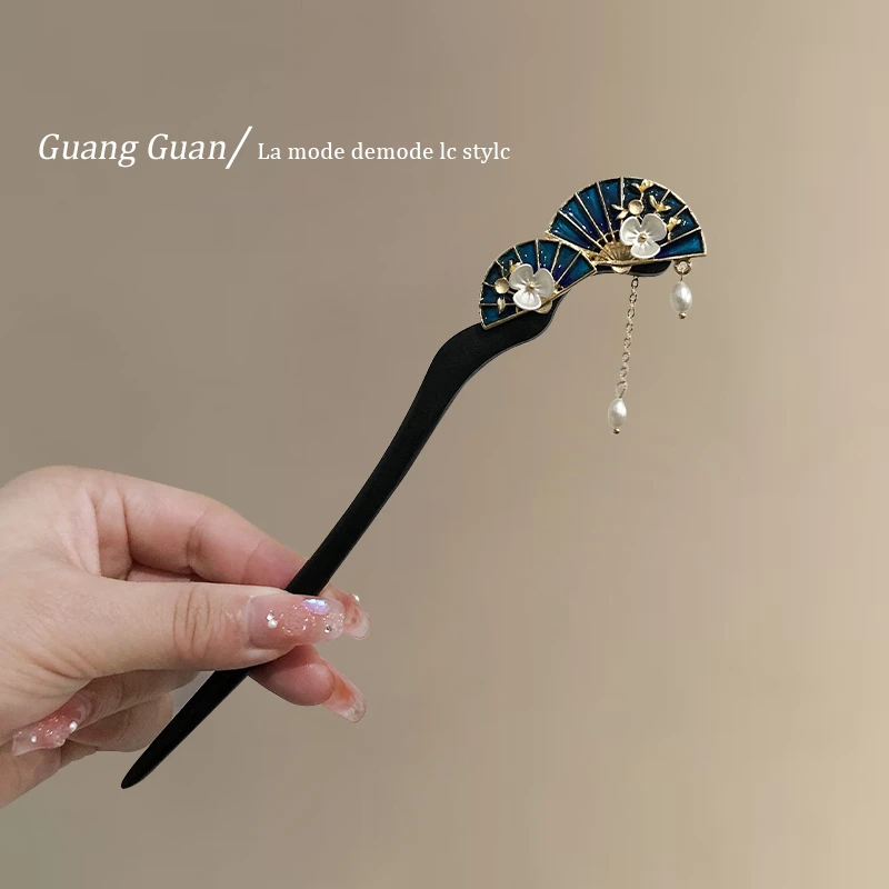 双扇子流苏发簪白贝花朵檀木国风复古茶服旗袍国潮头饰簪子气质女