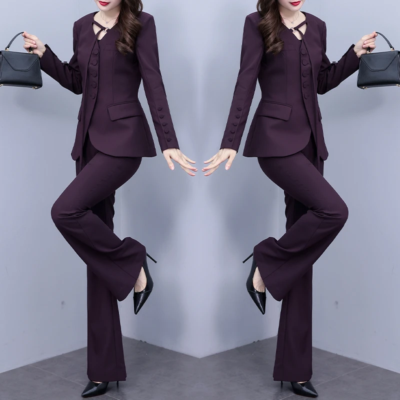 高端职业套装女西装2024年春季新款微喇裤修身显瘦西服时尚两件套