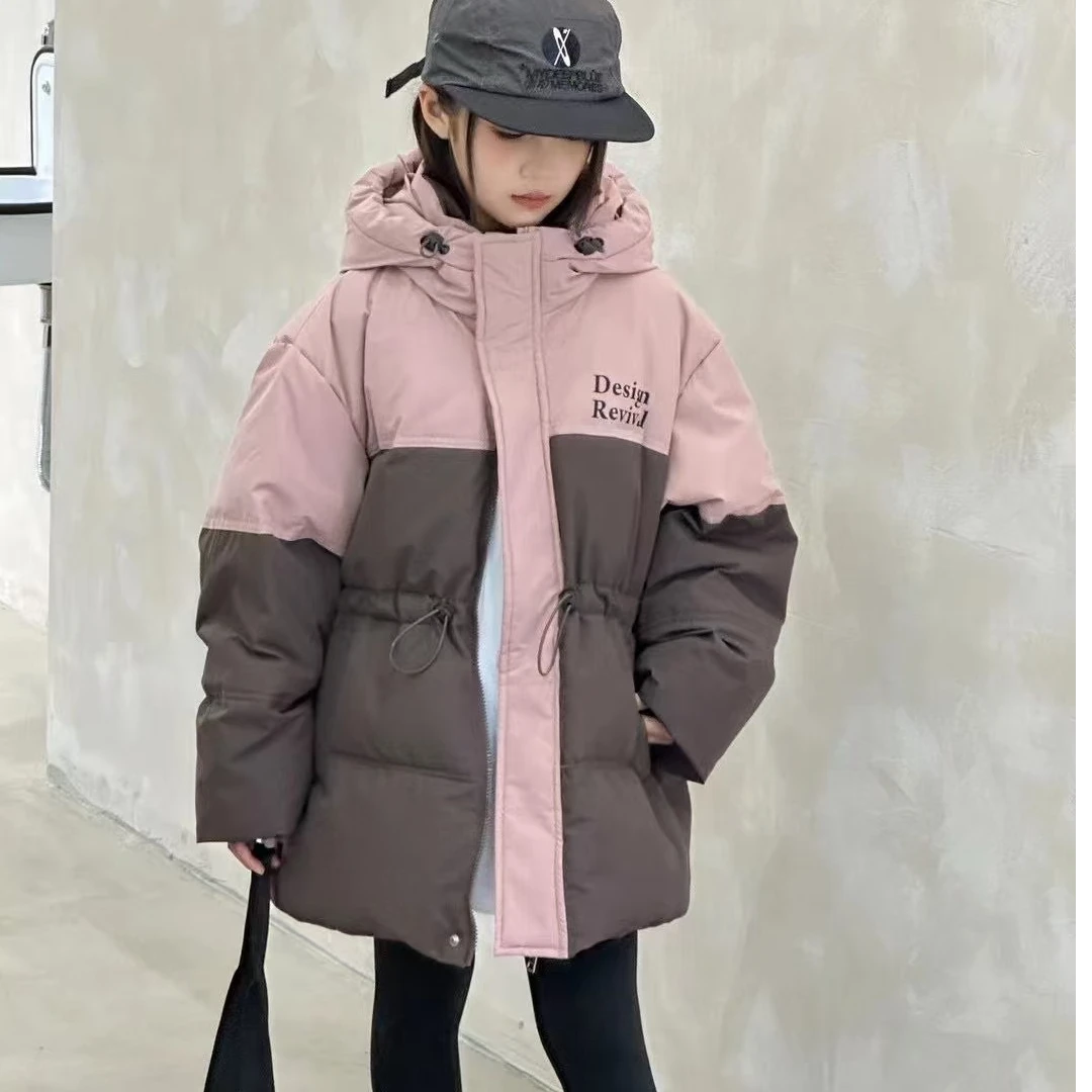 女童羽绒服2024新款中大童可收腰款洋气中长款白鸭绒外套冬装