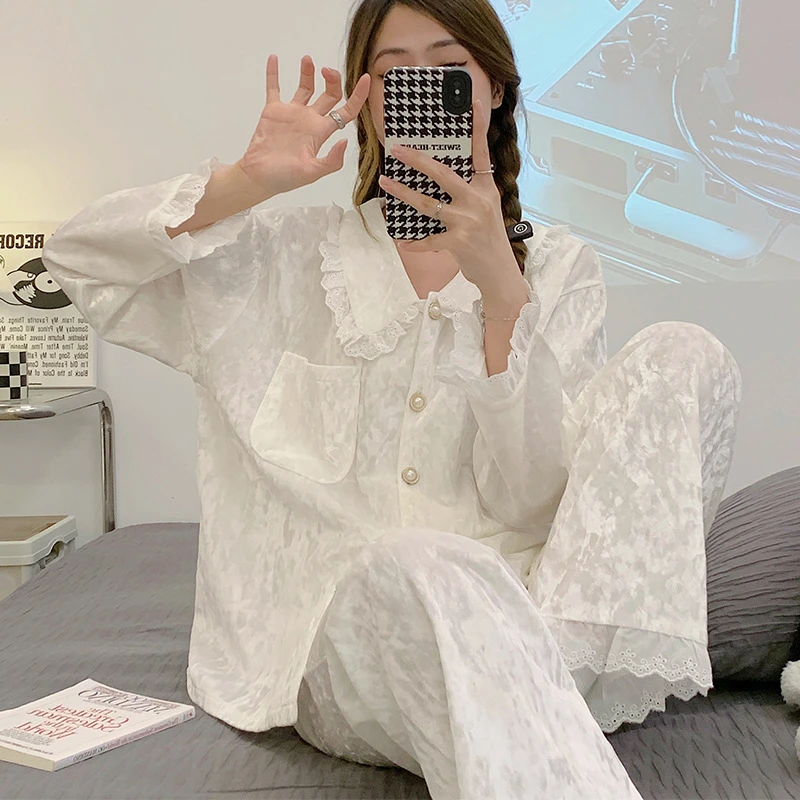 金丝绒睡衣女高级感家居服女款爆款2023新款春秋长袖长裤花边套装