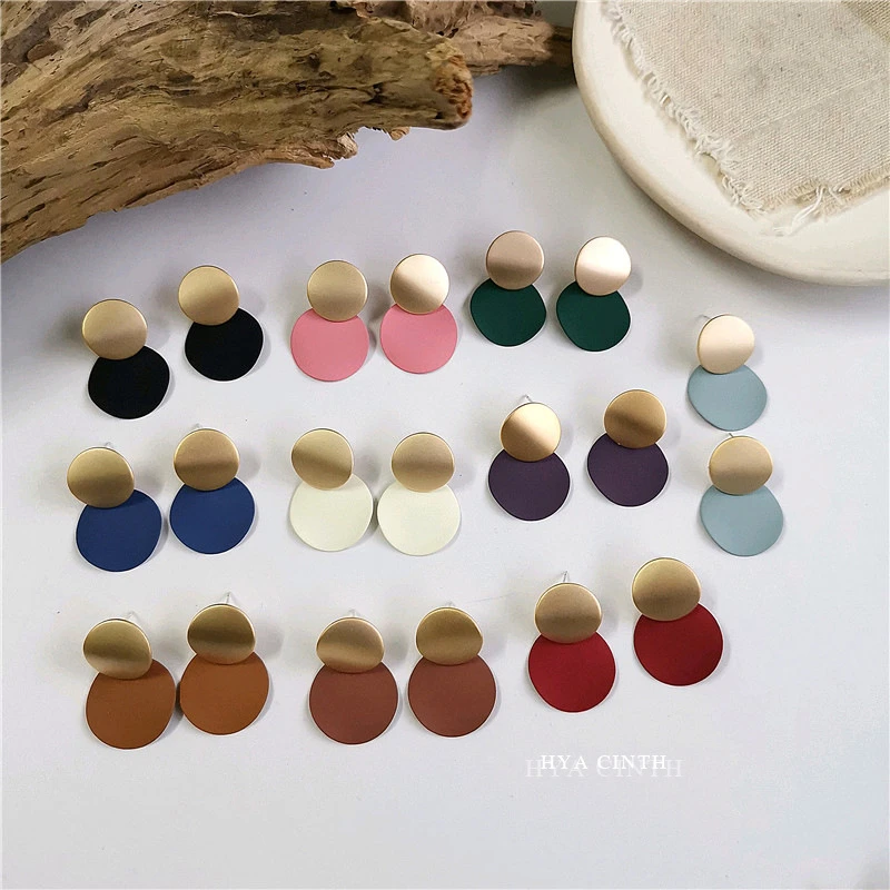 合金耳饰 复古圆形喷漆哑光耳环百搭气质时尚撞色耳钉