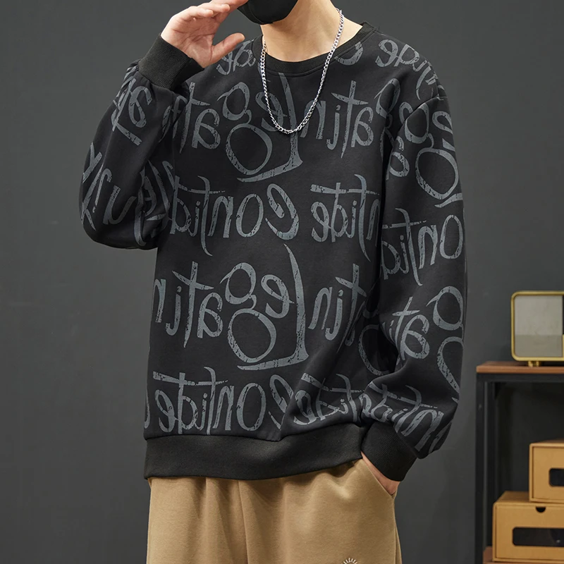 大码新款涂鸦卫衣男春秋季2024新款潮牌圆领长袖男青少年打底衫