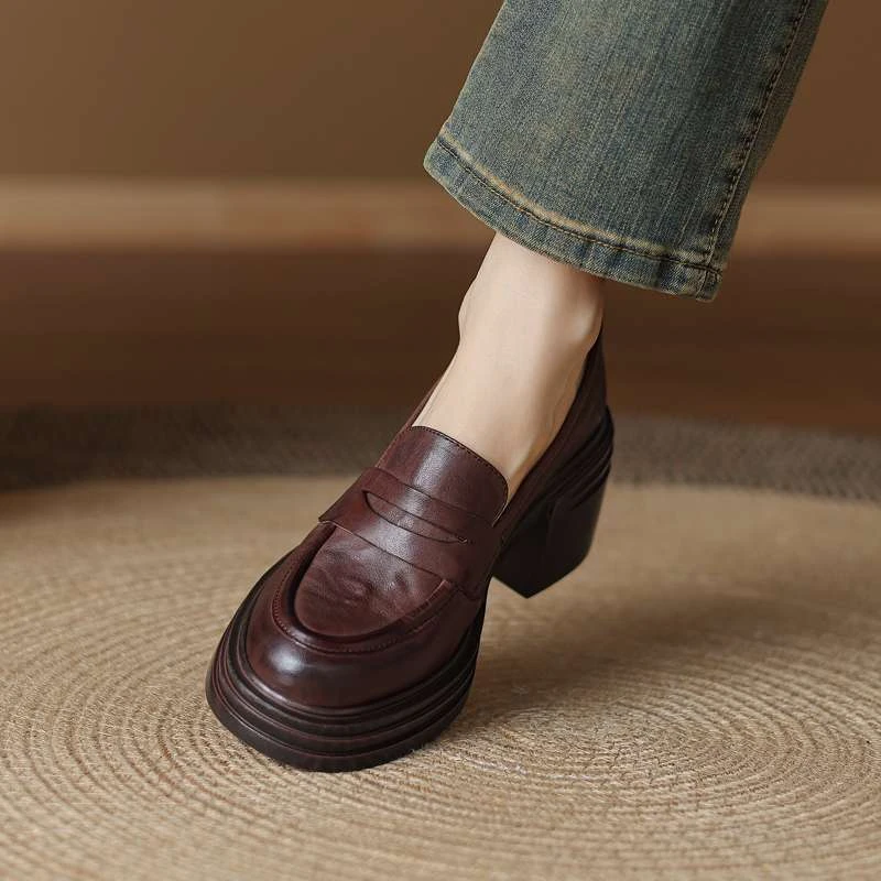 小个子高跟厚底乐福鞋女2024年秋季软皮粗跟圆头复古做旧浅口单鞋