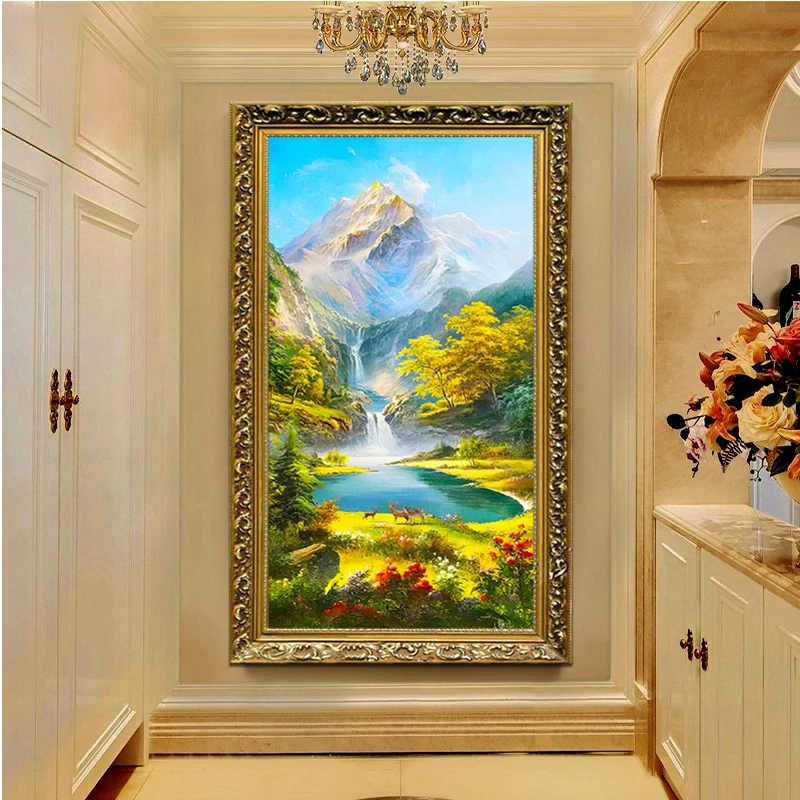 聚宝盆欧式山水风景画玄关挂画现代进门入户走廊过道装饰画实木框