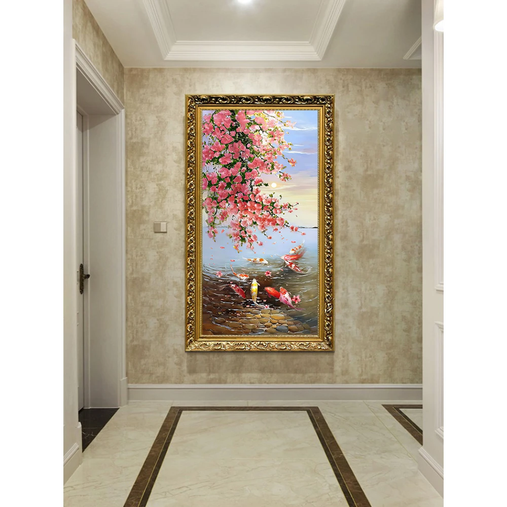 九鱼图油画欧式玄关装饰画新中式风景挂画现代走廊过道肌理壁画