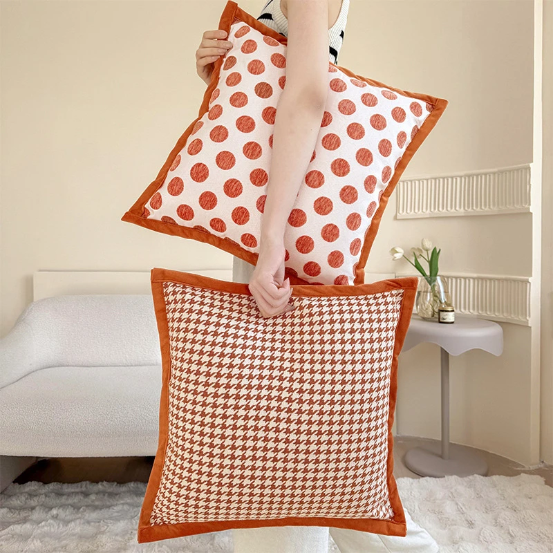 ins轻奢高档橙色千鸟格抱枕沙发客厅靠垫床上靠背床头高级感枕套