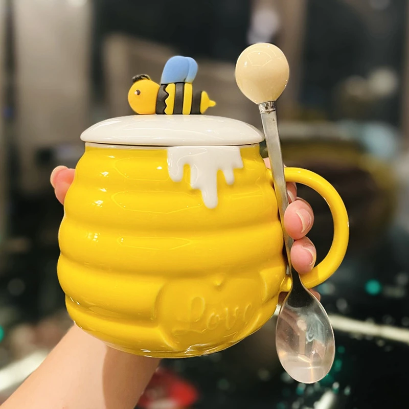 女生高颜值蜜蜂陶瓷马克杯带盖勺家用喝水学生早餐牛奶燕麦大肚杯