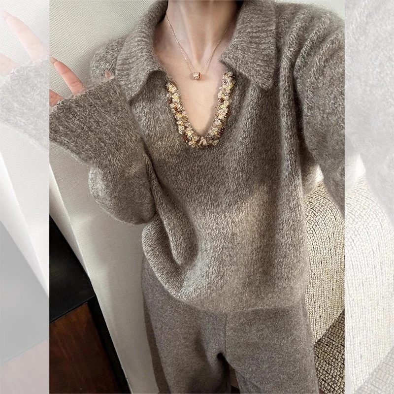 女款亮片v领套头毛衣女秋冬季内搭感超好看慵懒风翻领针织衫长袖