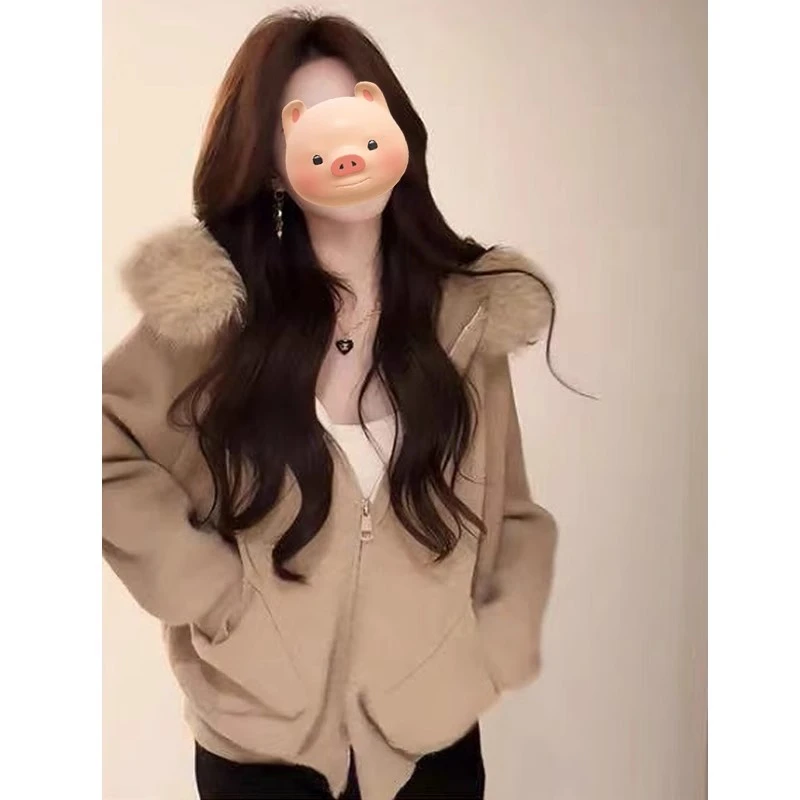 美拉德穿搭毛领连帽针织开衫女秋冬季高质量毛衣外套短款拉链上衣