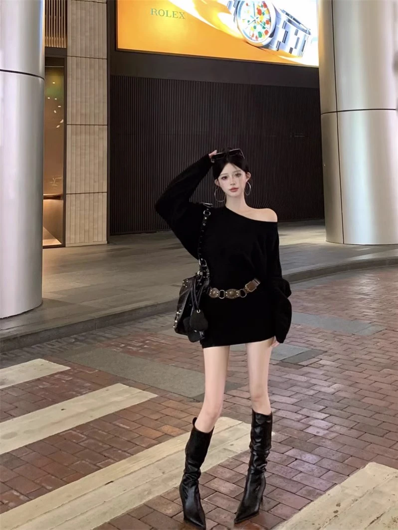 韩系辣妹针织连衣裙女秋季慵懒风毛衣裙女修身慵懒风一字肩短裙