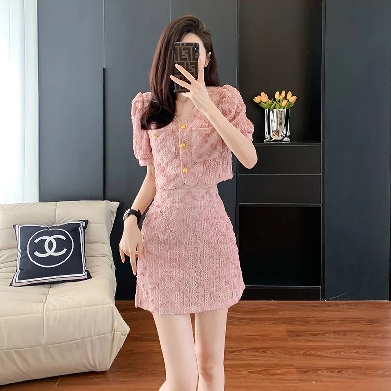 短袖短款时尚收腰泡泡袖甜美复古两件套