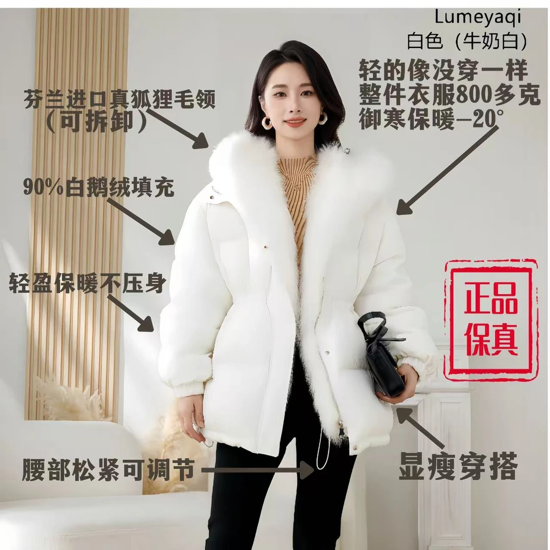 皮草鹅绒服羽绒服狐狸毛连帽鹅绒服中长款时尚百搭冬季女士外套