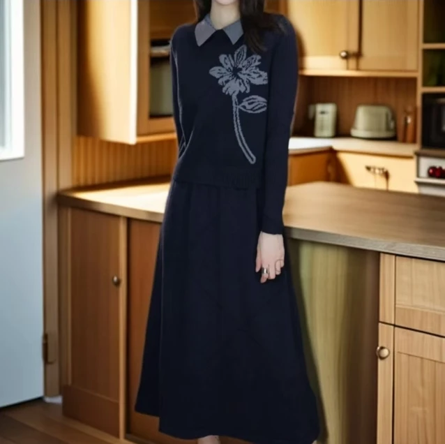 JY8817玫瑰马甲连衣裙秋季新款圆领毛衣中式女装马甲连衣裙