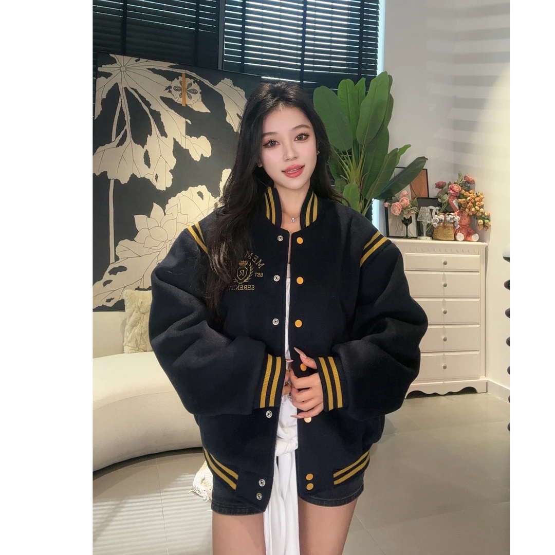 【轻奢】2024秋款外套上新短款时尚休闲百搭藏青拼色宽松加厚2