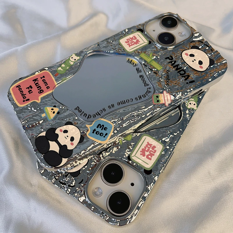 呆萌發财熊猫苹果华为vivo小米oppo岩石镜面全包防摔颜值手机壳女