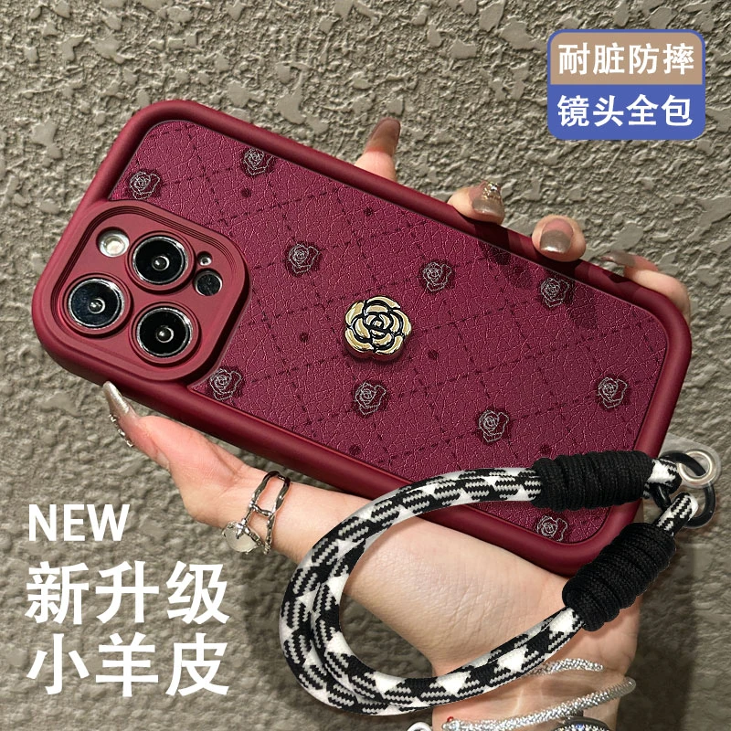 苹果14iPhone华为mate60小米14相框精孔小羊皮酒红全包防摔手机壳