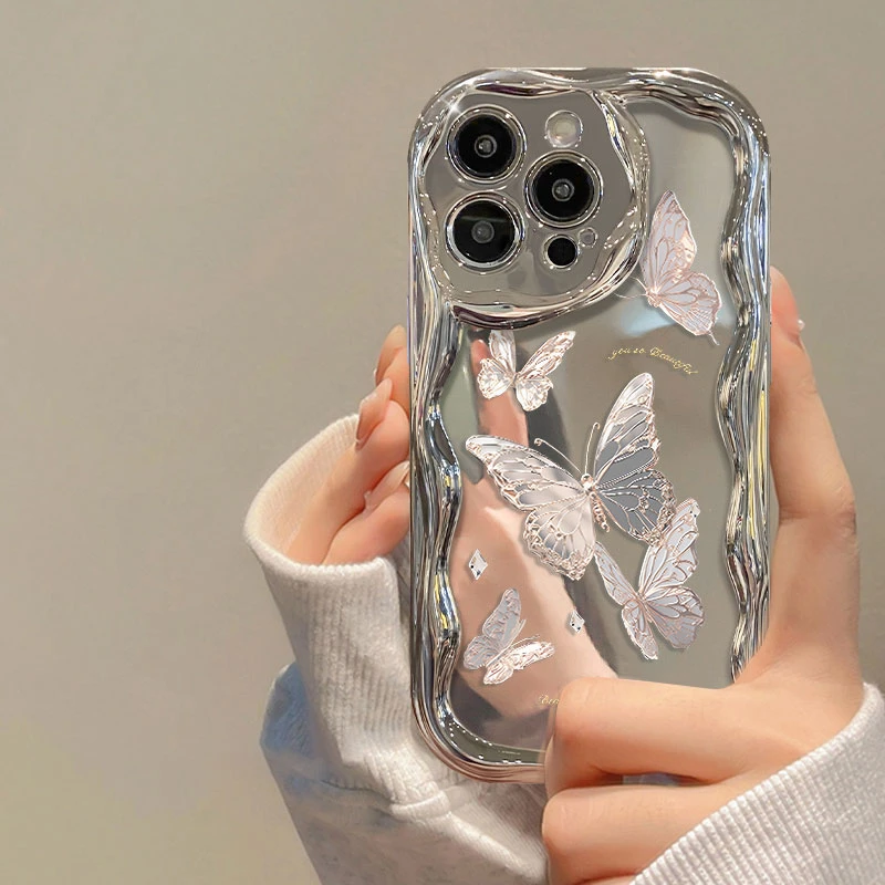 粉色蝴蝶苹果13华为OPPO小米vivo电镀曲边iPhone14防摔女款手机壳