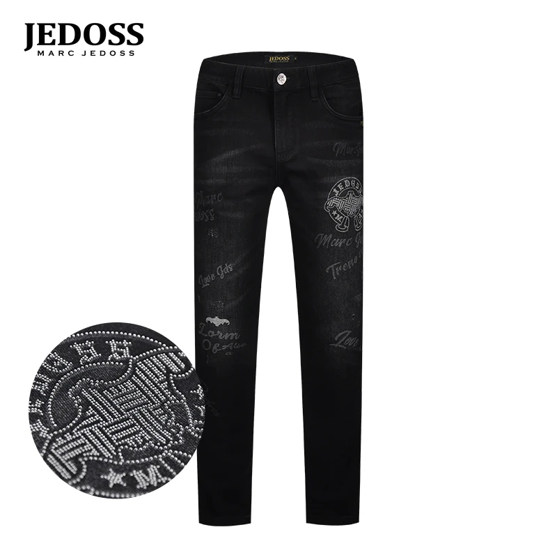 JEDOSS/爵迪斯男装专柜秋季LOGO烫钻修身水洗牛仔裤时尚潮流YL122