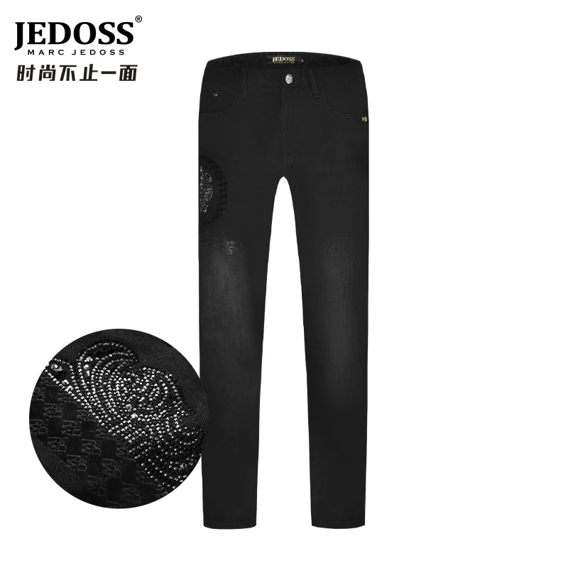 JEDOSS/爵迪斯弹力男装秋冬专柜新款植绒印花烫钻牛仔裤长裤YH213