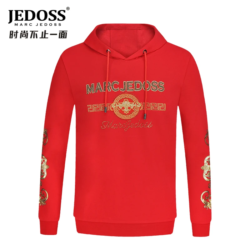JEDOSS/爵迪斯男装秋冬老钱风logo字母金线刺绣连帽套头卫衣0351