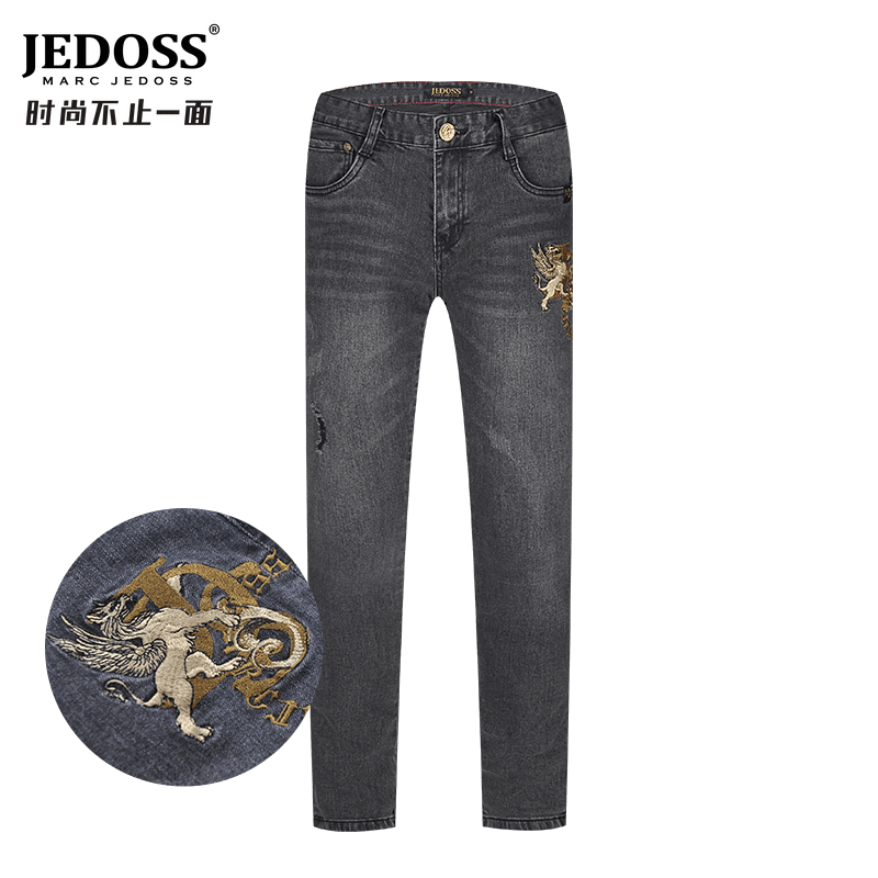 JEDOSS/爵迪斯男装秋冬新款龙兽字母刺绣修身牛仔裤长裤SX203直筒