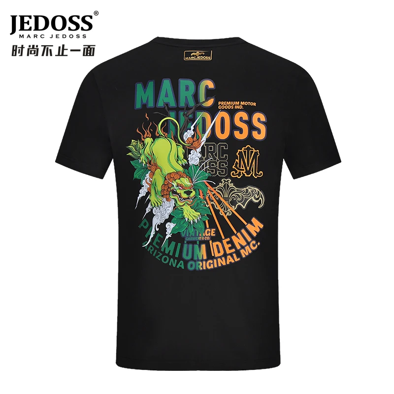 JEDOSS/爵迪斯春夏上新同款男士刺绣烫印修身貔貅圆领T恤衫