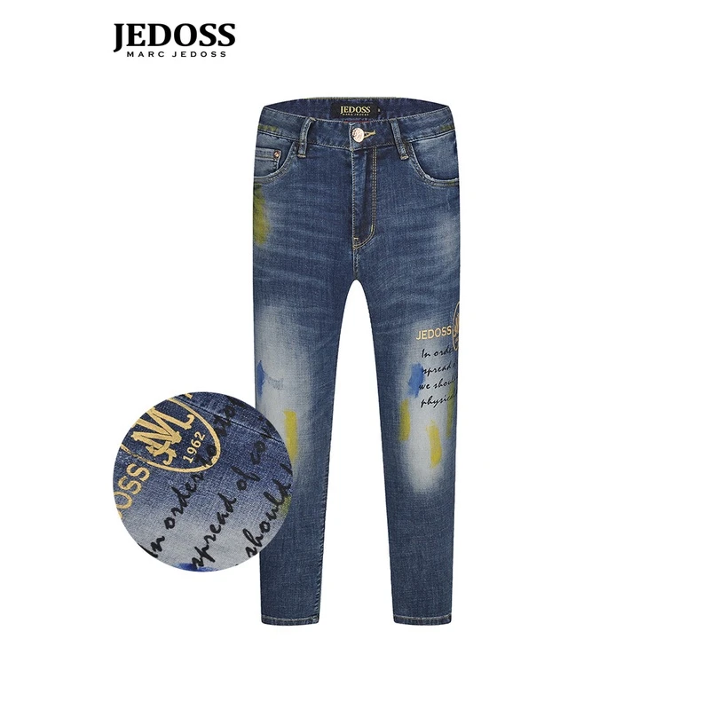 JEDOSS/爵迪斯男装春夏新款烫金涂鸦字母印花修身九分牛仔裤时尚