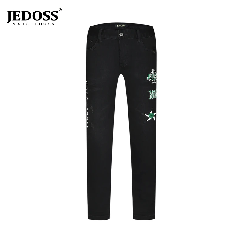 JEDOSS/爵迪斯潮牌男款字母刺绣章仔黑色破洞牛仔裤裤子029高级SX